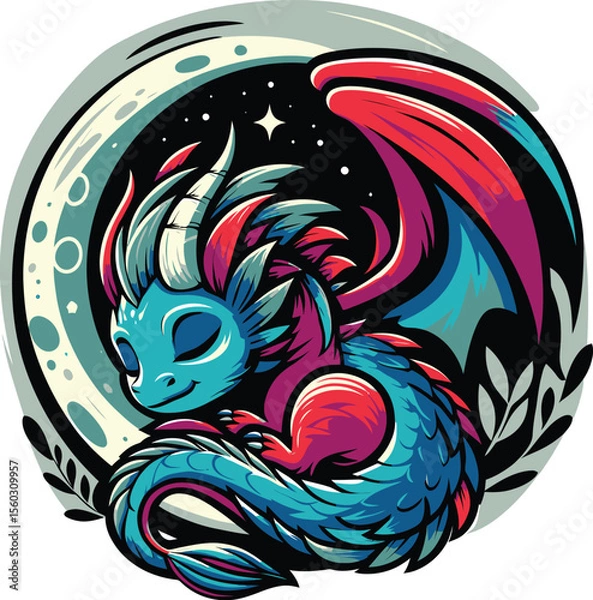 Obraz Cute Sleeping Dragon on Crescent Moon