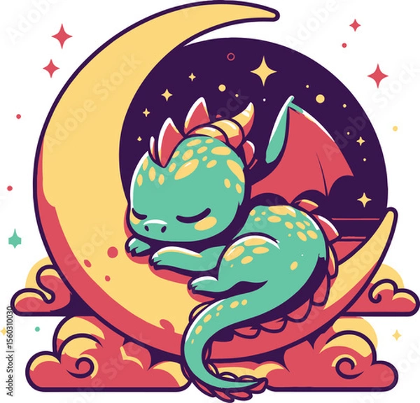 Obraz Cute Sleeping Dragon on Crescent Moon