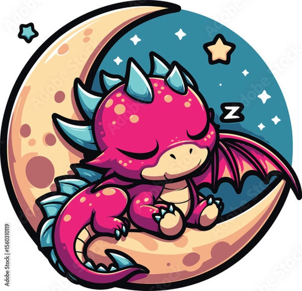 Obraz Cute Sleeping Dragon on Crescent Moon