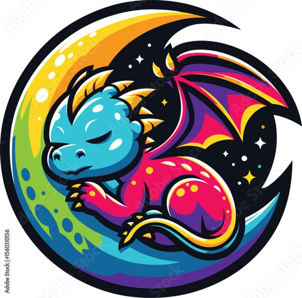 Obraz Cute Sleeping Dragon on Crescent Moon