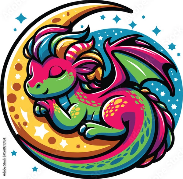 Obraz Cute Sleeping Dragon on Crescent Moon
