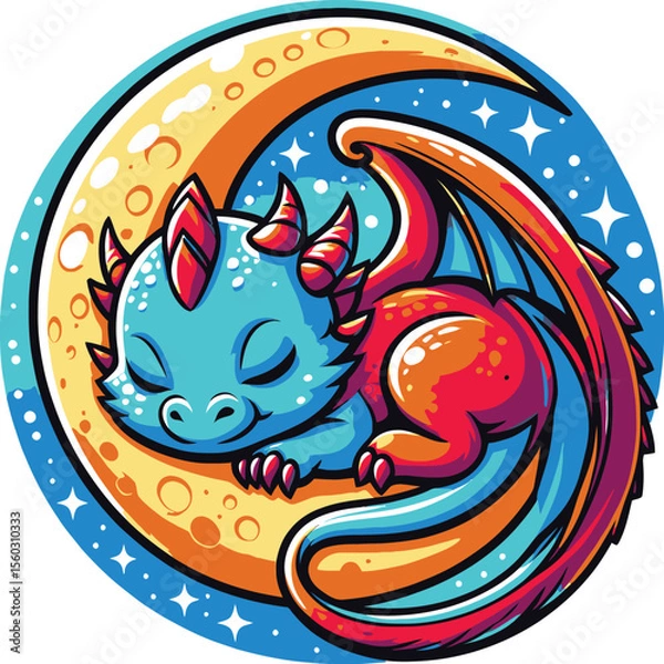Obraz Cute Sleeping Dragon on Crescent Moon
