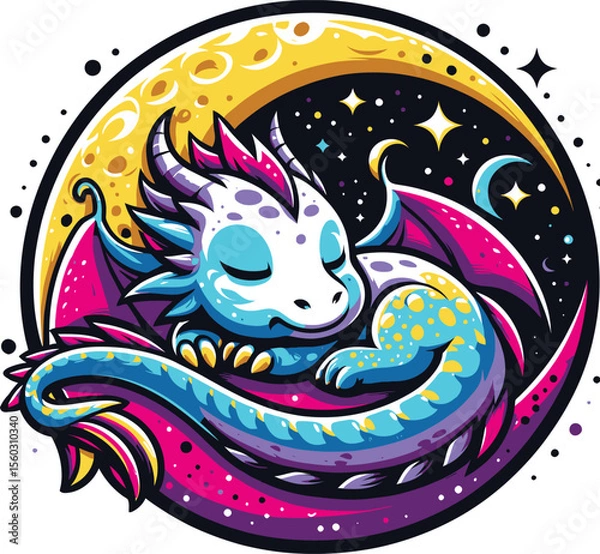 Obraz Cute Sleeping Dragon on Crescent Moon