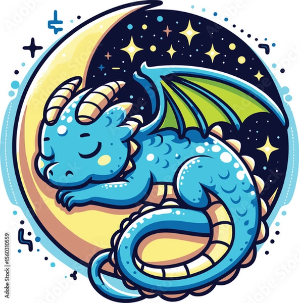 Obraz Cute Sleeping Dragon on Crescent Moon