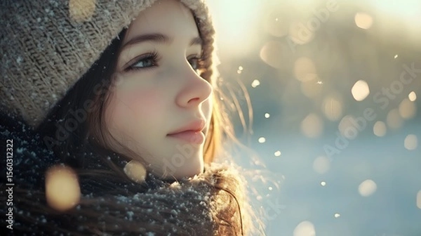 Obraz Winter Serenity Soft Portrait of Young Woman in Knitted Hood with Snowflakes and Bokeh Light