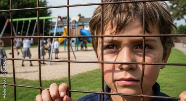 Obraz Young Child Behind Fence Feeling Isolated at School Playground Emotional Concept