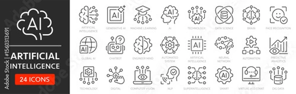 Fototapeta Artificial intelligence line icon set. Process automation, data recognition and analysis. AI, machine learning, generative AI, virtual assistant, robotic, brain, chatbot - stock vector.