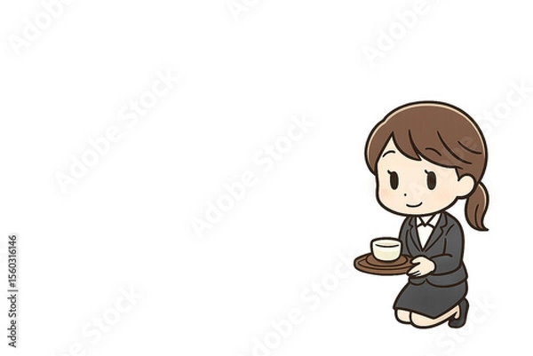 Fototapeta 来客対応でお茶を出す女性新入社員のミニキャライラスト