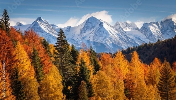 Fototapeta autumn forest with the snowy mountains zoom in