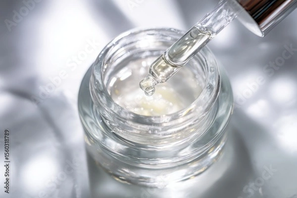 Fototapeta Luxurious Skincare Serum Dropper and Jar on Reflective Surface.