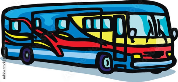 Fototapeta motorhome or RV bus, featuring a striking combination of blue, yellow, and red with dynamic swoosh designs. The vehicle has multiple windows and a large windshield, ideal for depicting travel, freedom