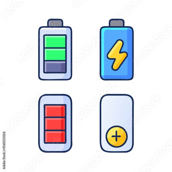Fototapeta Realistic 3D Battery Level Icons Four Battery Status Illustrations