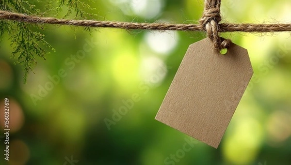 Fototapeta Minimalistic background with an empty brown card on the right, tied with twine and hanging from above. The bottom of the tag is visible in front of a blurred green natural background. Close-up shot 