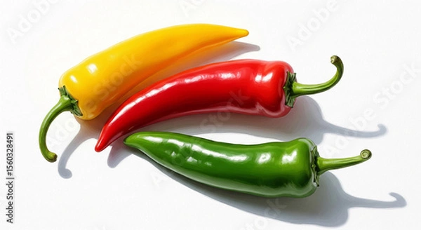 Fototapeta Three glossy peppers: yellow, red, green, arranged on white background.  Vibrant colors symbolize freshness, health, and spice