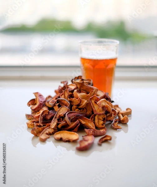 Fototapeta Compote dried fruits. Refreshing drink made from dried fruits. A pile of dried fruit. Lots of pieces of dry fruit. Glass of compote