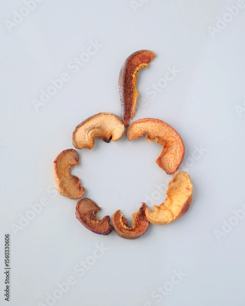 Fototapeta Several pieces of dry fruits on a white background. Healthy preserves dried fruits. A pile of dried fruit. Top view. Composition of pieces