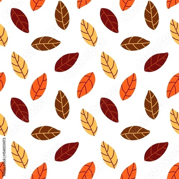 Fototapeta Seamless pattern of autumn leaves in warm fall colors like red, orange, yellow, and brown on white. Perfect for backgrounds, textiles, and seasonal designs.