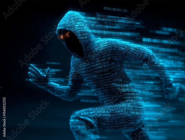 Fototapeta Digital thief figure made of binary code sneaking through firewall, cyber security threat concept. Generative Ai.