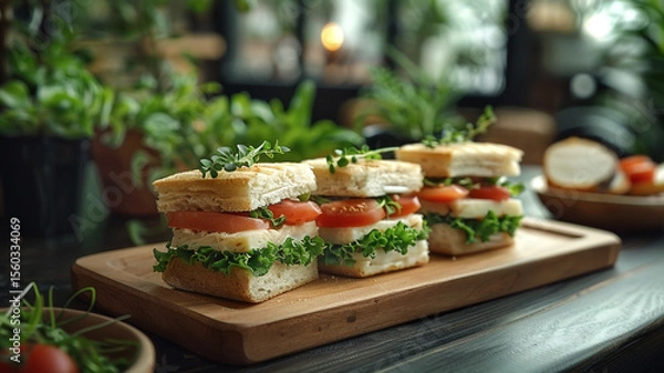 Obraz A set of mini sandwiches on a board in a restaurant.