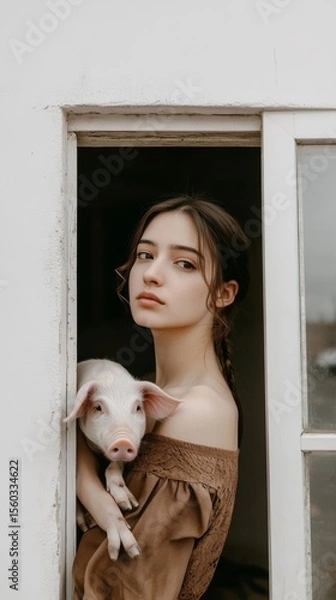 Fototapeta A woman is holding a pig in front of a window