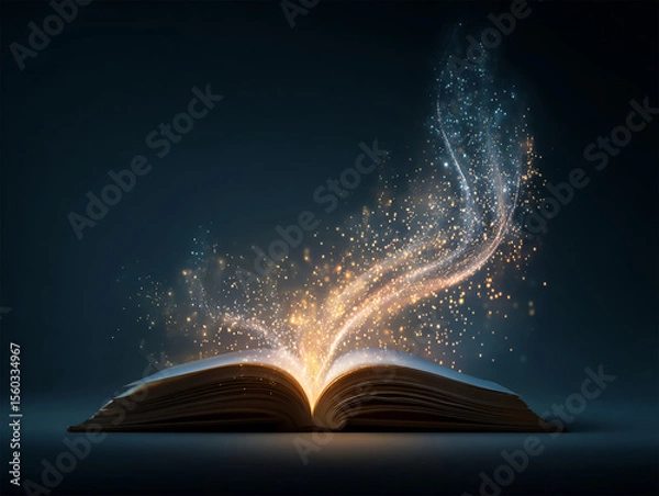 Fototapeta Open book with glowing light emerging, concept of learning and knowledge, dark background. Generative Ai.