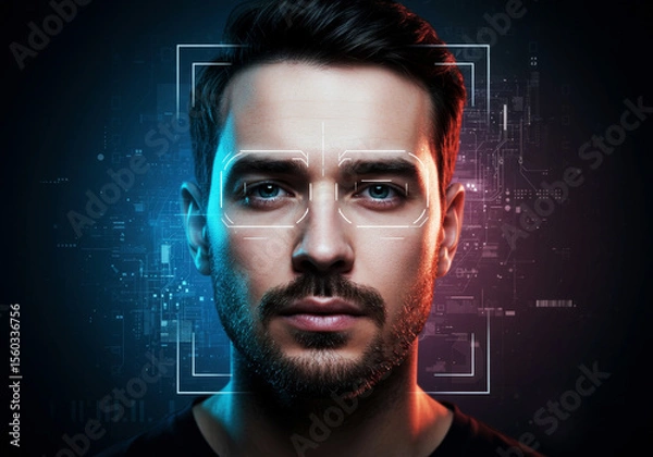 Fototapeta Facial Recognition Technology. Concept of facial Recognition System. Portrait of man