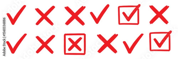Obraz Check tick mark icon set. Cross box x check mark checkbox v list vector draw hand drawn sketch doodle brush marker checklist symbol wrong right circle. Vector Illustration