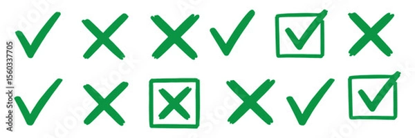 Obraz Check tick mark icon set. Cross box x check mark checkbox v list vector draw hand drawn sketch doodle brush marker checklist symbol wrong right circle. Vector Illustration