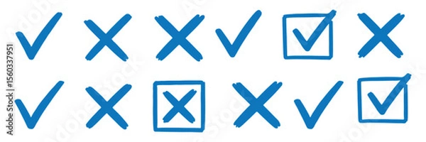 Obraz Check tick mark icon set. Cross box x check mark checkbox v list vector draw hand drawn sketch doodle brush marker checklist symbol wrong right circle. Vector Illustration