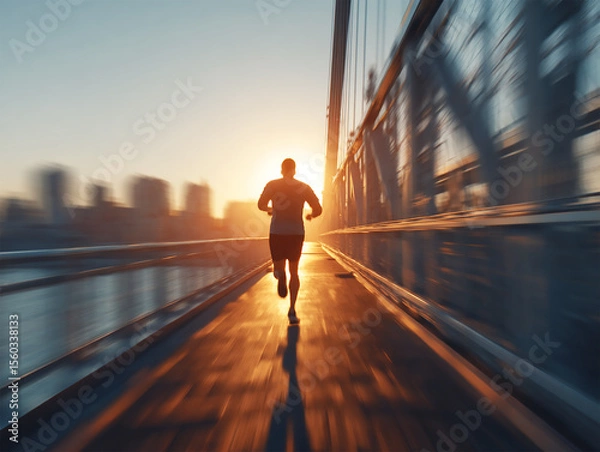 Fototapeta Young man running through city bridge at sunrise, motion blur, health and freedom concept. Generative Ai.