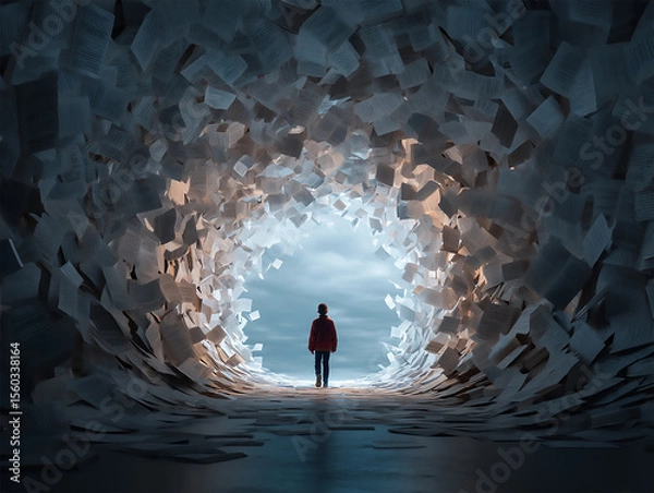 Fototapeta Young person walking into a tunnel made of floating papers, learning journey and education metaphor, dreamy tone. Generative Ai.