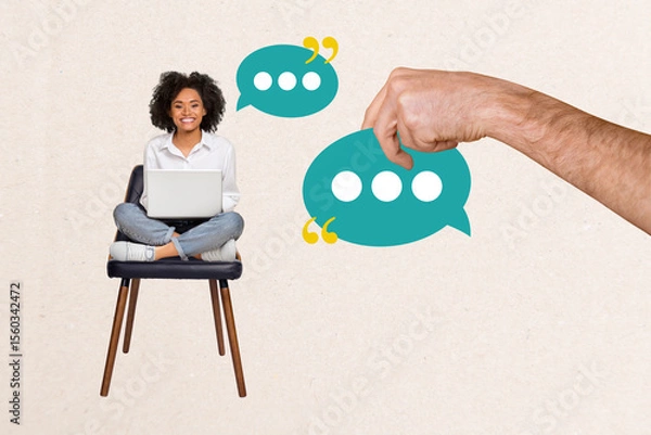 Fototapeta Creative design composite trend artwork collage of young lady sit armchair work laptop app chat tag note hand hold message comment bubble