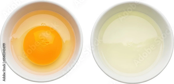Fototapeta Overhead view of a cracked whole egg with yolk and egg white in one white bowl next to a bowl of separated egg whites