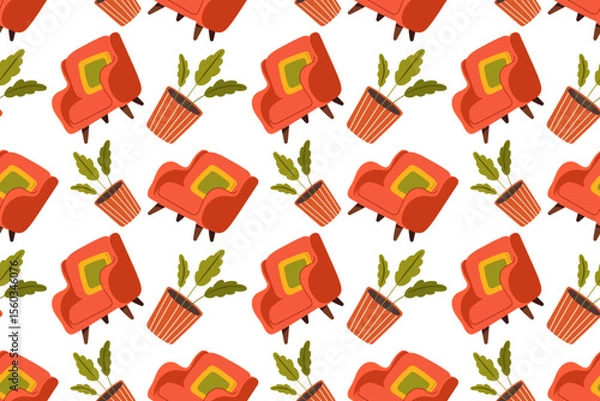 Fototapeta Seamless pattern with cozy interior with house plants. Vector illustration of armchair, bookshelf plants and books collected in ornament on white background