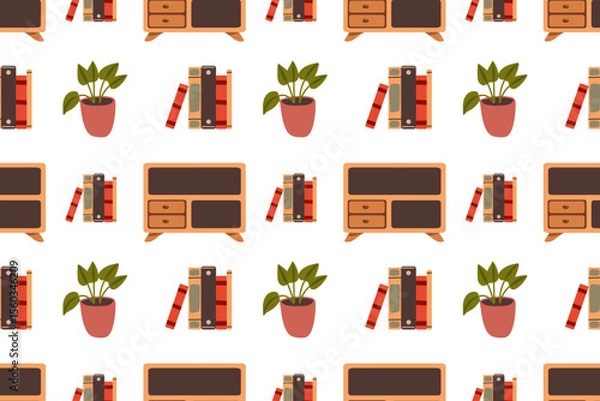 Fototapeta Seamless pattern with cozy interior with house plants. Vector illustration of armchair, bookshelf plants and books collected in ornament on white background