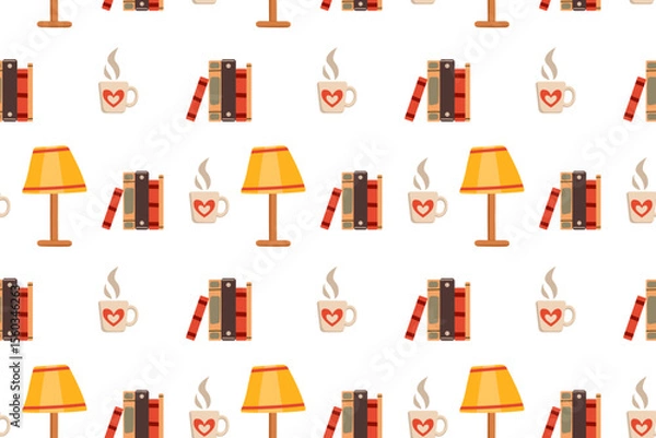 Fototapeta Seamless pattern with cozy interior with house plants. Vector illustration of armchair, bookshelf plants and books collected in ornament on white background