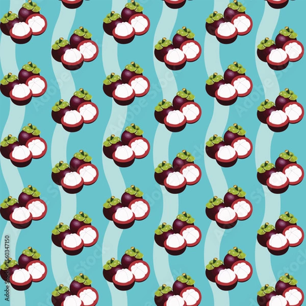 Fototapeta A vibrant seamless pattern featuring grouped mangosteens both whole and halved arranged in repeating trios along soft wavy stripes over a teal background.