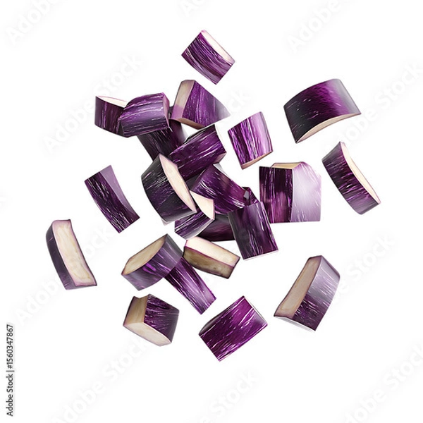 Obraz Diced eggplant pieces levitate isolated on white or transparent png, showcasing fresh vegetable preparation