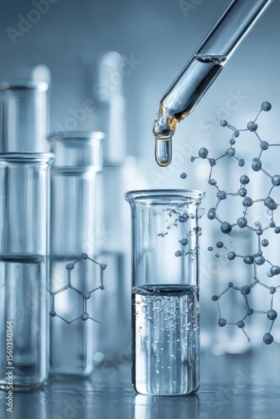 Fototapeta Laboratory glassware with blue liquid in test tubes and flasks for chemistry experiments and medical research