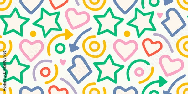 Fototapeta Colorful Hand Drawn Pattern with Hearts Stars Arrows and Abstract Shapes