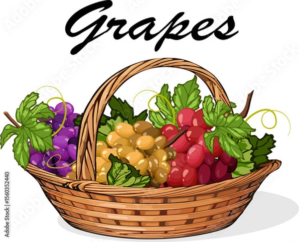 Obraz Basket with multi-colored grapes.Vector illustration with multicolored grapes in a wicker basket on a transparent background with text.