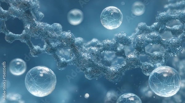 Fototapeta Blue textured illustration of microscopic cell biology with 3D rendered bacteria, DNA, and a microscope for medical science research