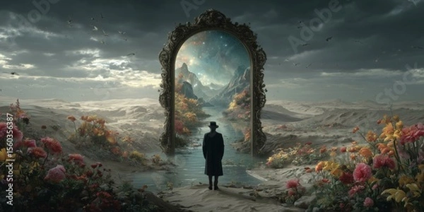 Obraz Surreal landscape with a man standing before an ornate mirror reflecting a mountain scene and starry sky
