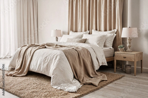 Obraz Modern bedroom interior with soft sand-colored draping and natural fiber rug under white floor