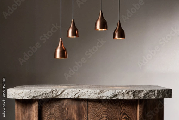 Obraz Warm wood cabinets and copper pendant lights on an organically shaped stone island