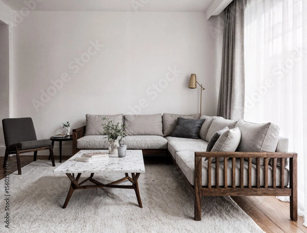 Obraz Open space with sectional sofa in walnut frame, linen curtains and terrazzo coffee table
