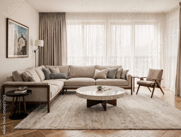 Obraz Open space with sectional sofa in walnut frame, linen curtains and terrazzo coffee table