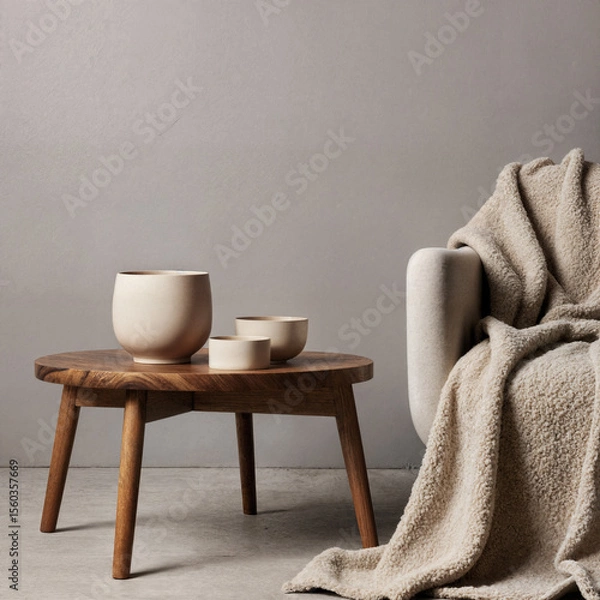 Obraz Organic ceramic and light gray walls, warm wood coffee table with beige wool blanket