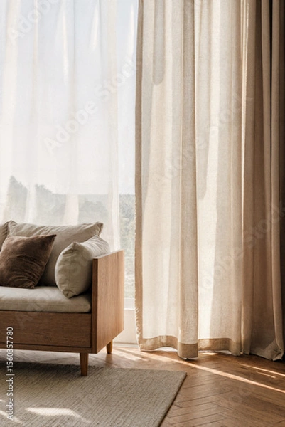 Obraz A soft oak media unit, simple, neutral sofa and linen curtains gently move in the summer breeze.