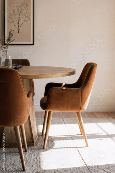 Obraz Round oak table and cinnamon fabric chairs bathed in soft afternoon sunlight